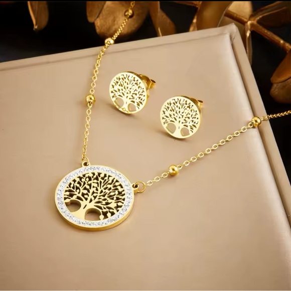 Tree Of Life Golden Necklace Earrings Set With Zirconia. Stainless Steel - Picture 3 of 10